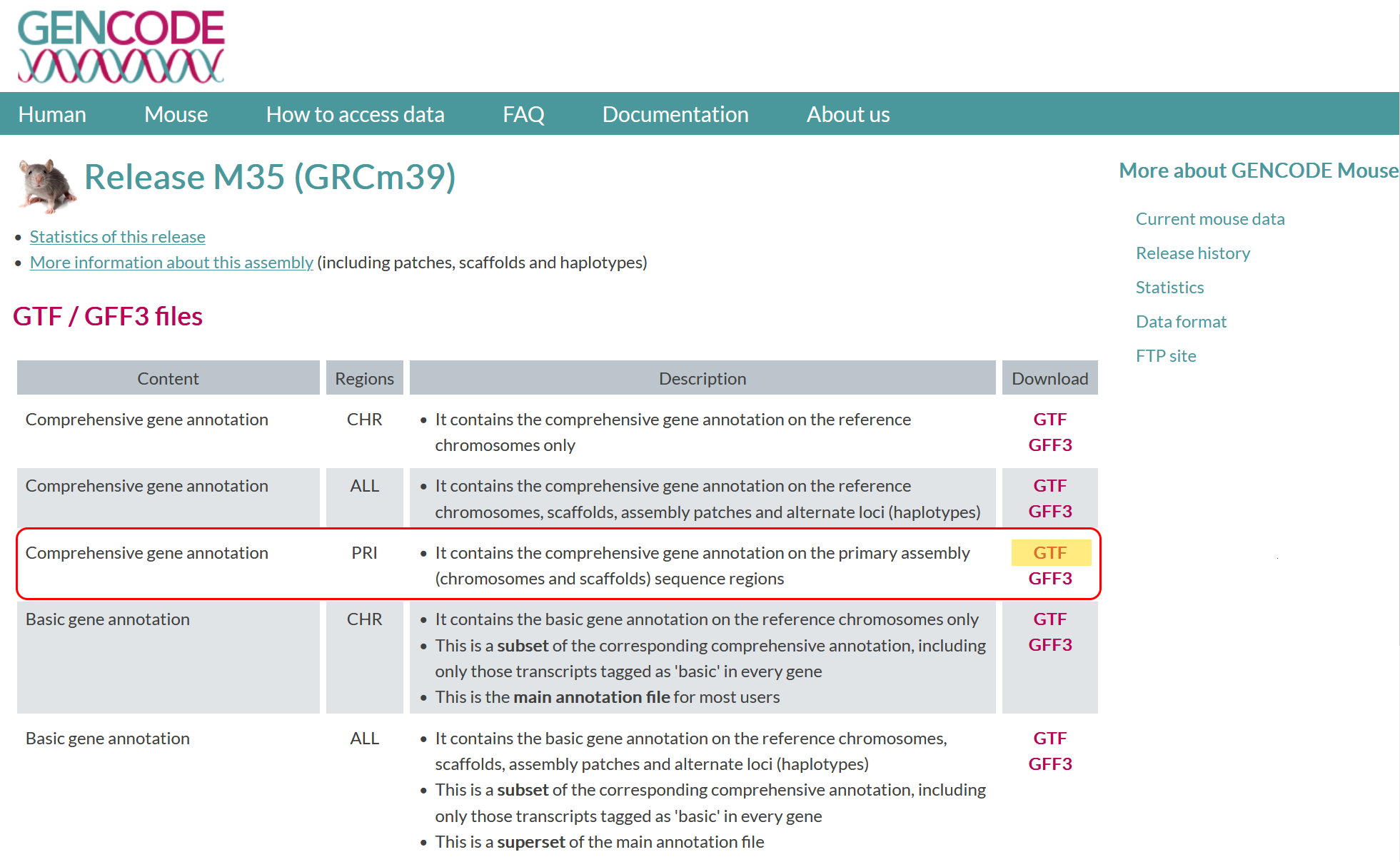 Basic gene annotation in GTF format